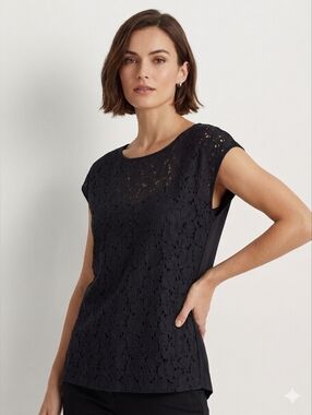 Lauren Ralph Lauren Black Lace Front Cami Overlay Top Medium